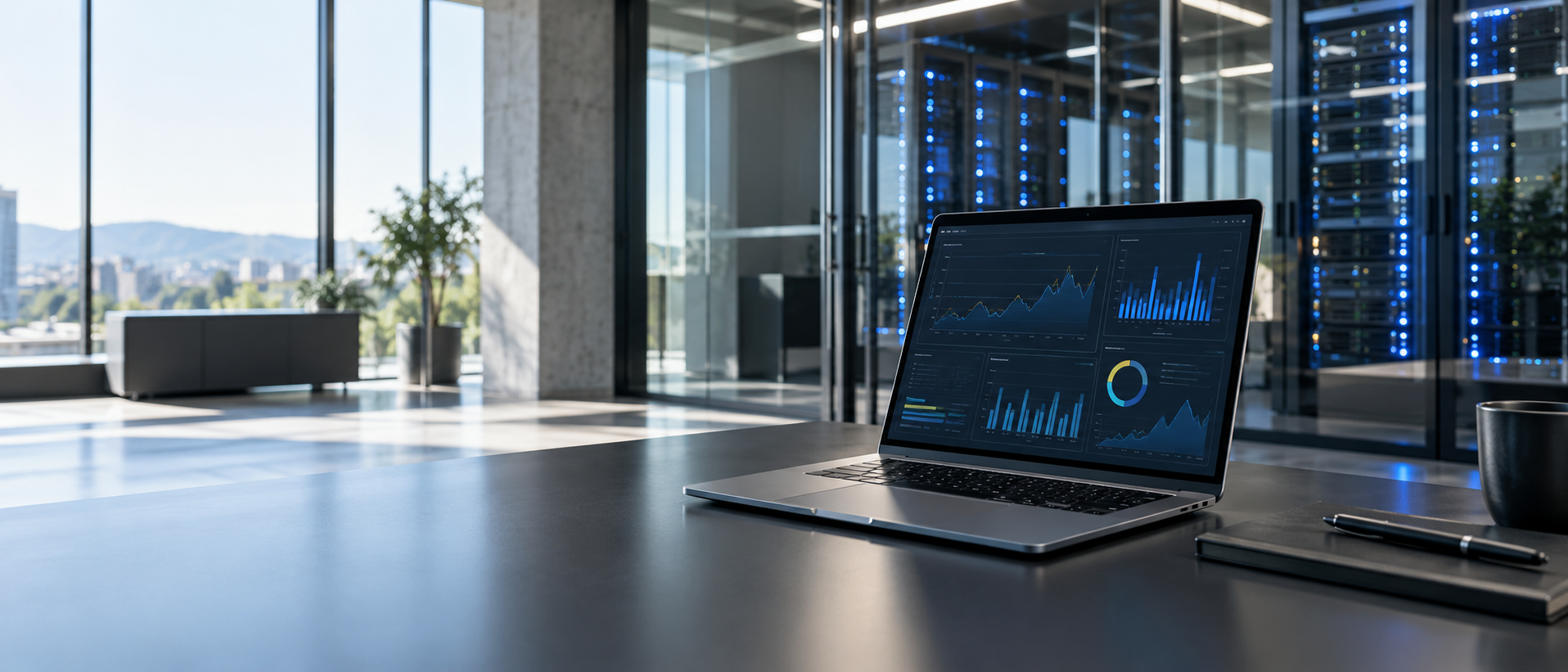Laptop vor einem gläsernen Serverraum