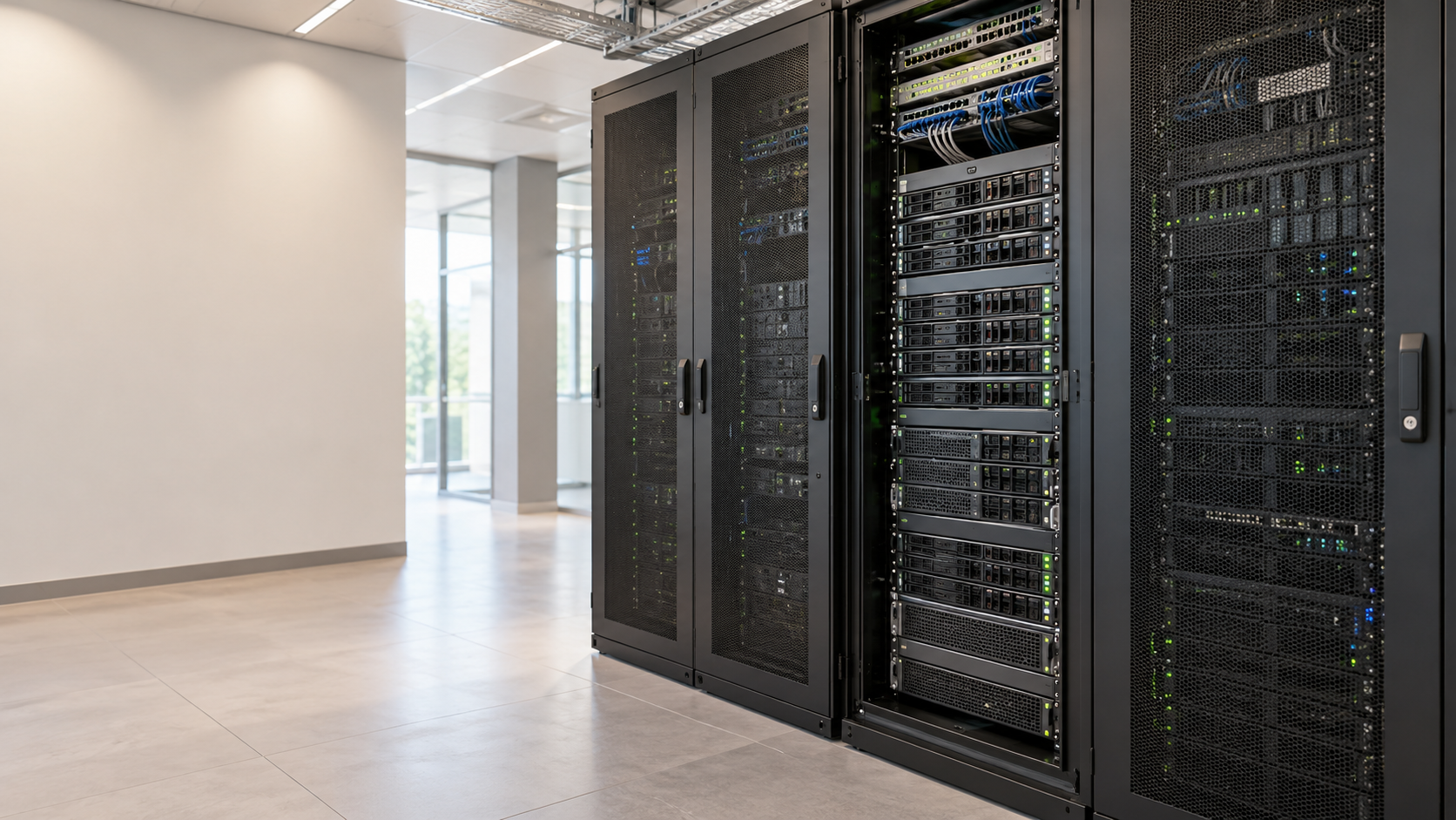 Moderne Serverschränke mit Rack-Servern, Statusanzeigen und ordentlich verlegten Netzwerkkabeln in einem hellen Serverraum.