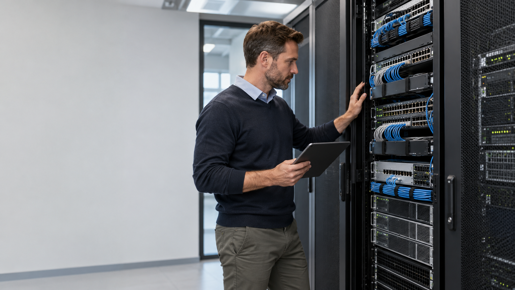 IT-Techniker mit Tablet prüft einen Serverschrank mit Netzwerk-Switches und ordentlich verlegten blauen und grauen Kabeln.